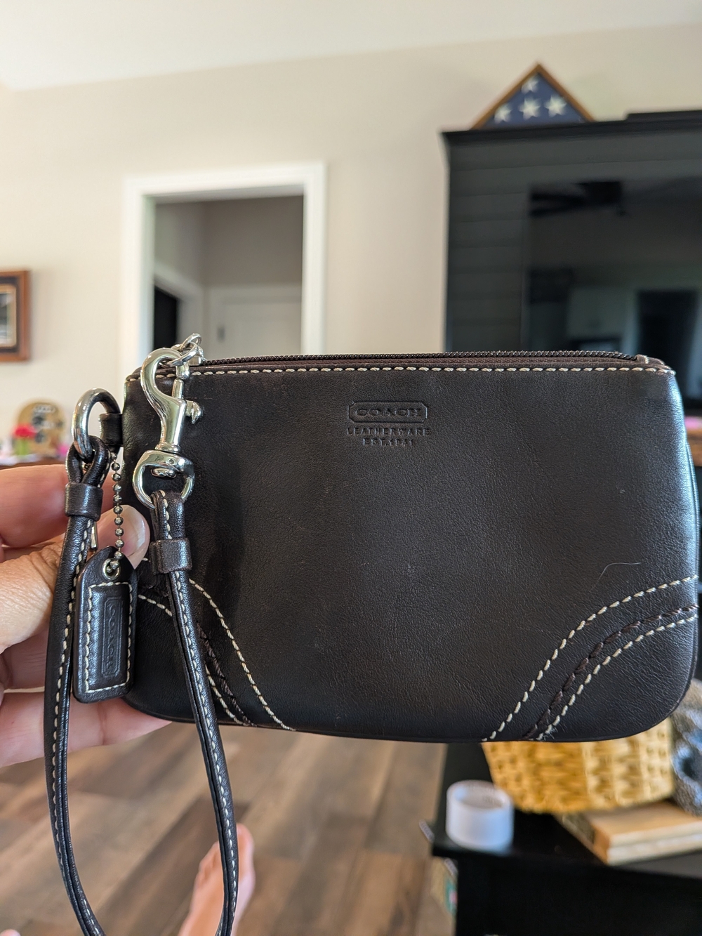 Coach Dark Brown Leather Wristlet - Signature Stitch